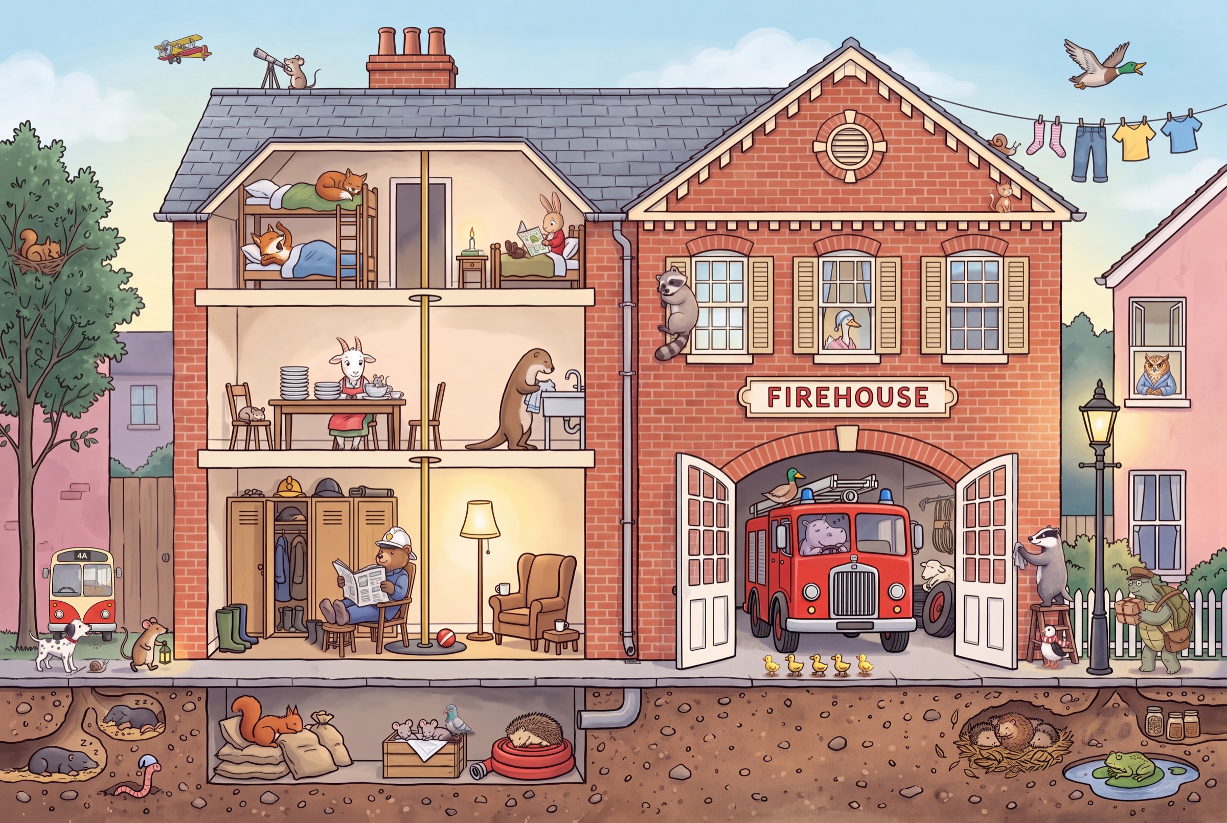 An illustrated cutaway of the Bumblebrook firehouse, filled with animal characters going about their day.
